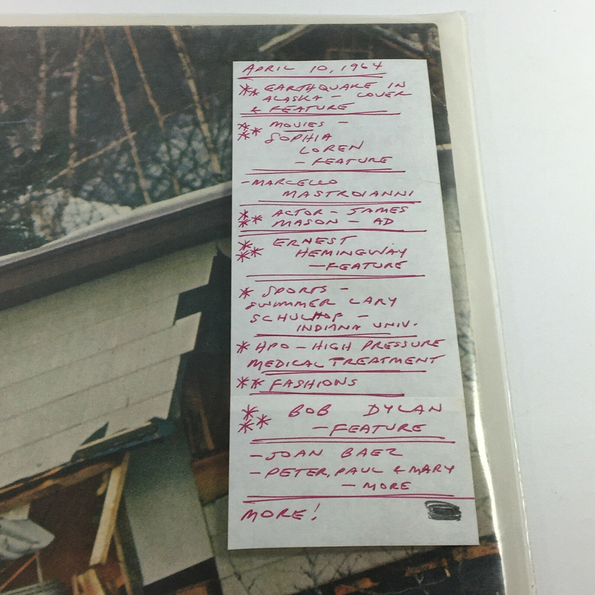 Vintage Life Magazine April 10 1964 featuring a cover story on the Alaska earthquake with a detailed feature list including Sophia Loren, Ernest Hemingway, and Bob Dylan.