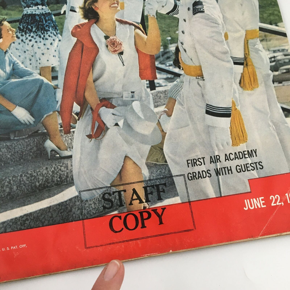 Close-up view of the cover of VTG Life Magazine June 22 1959, highlighting details such as 'Staff Copy' and the celebration of the first Air Academy graduates.
