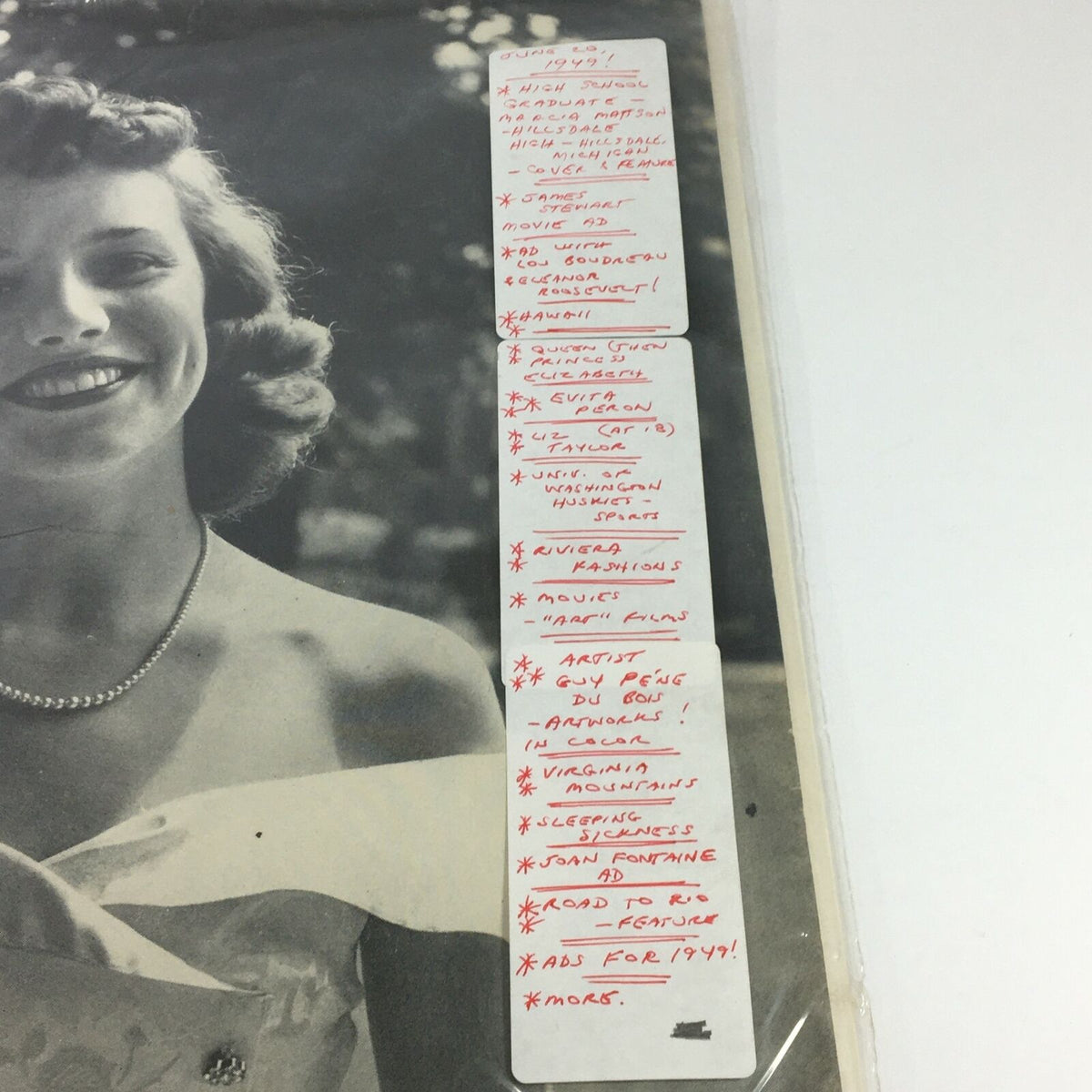 Detail from VTG Life Magazine June 20 1949 featuring a high school graduate Marcia Mattson, showcasing handwritten notes and highlights related to the magazine's content.