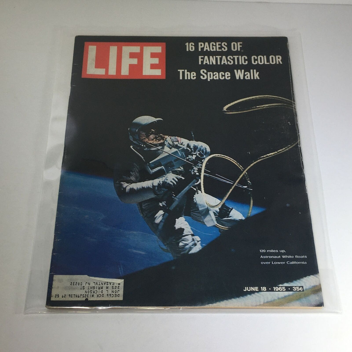 VTG Life Magazine - June 18 1965 cover featuring astronaut Edward White during the first American spacewalk, highlighting 16 pages of fantastic color and space exploration theme.