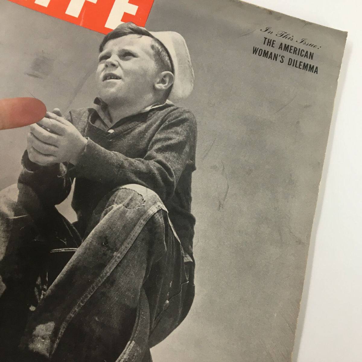 Close-up of VTG Life Magazine June 16 1947 cover, highlighting the Cape Hatteras Boy image and text, 'In This Issue: The American Woman's Dilemma'.