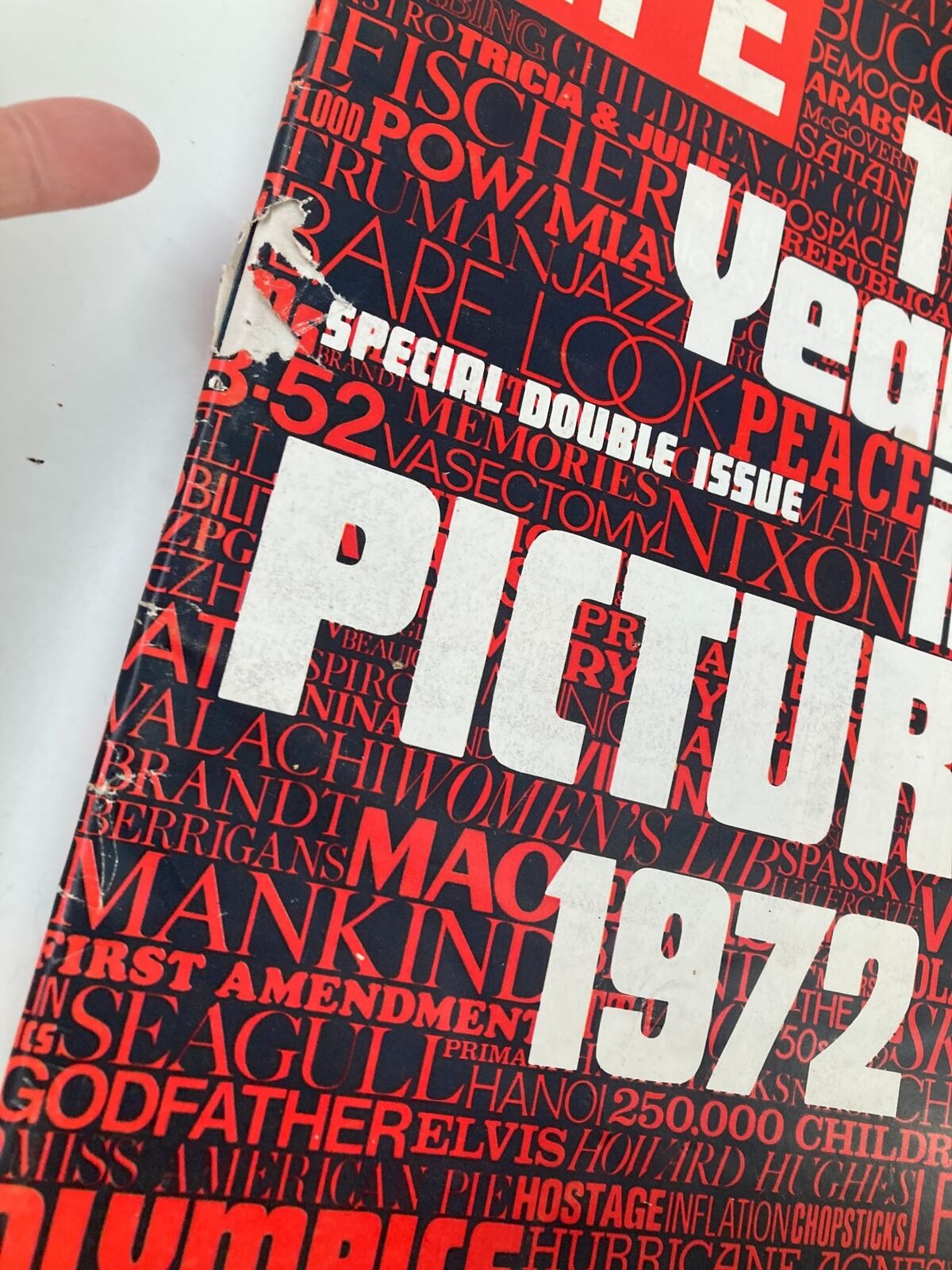 Detail of the front cover of VTG Life Magazine December 29 1972 The Year In Pictures, featuring diverse keywords related to major events from 1972.