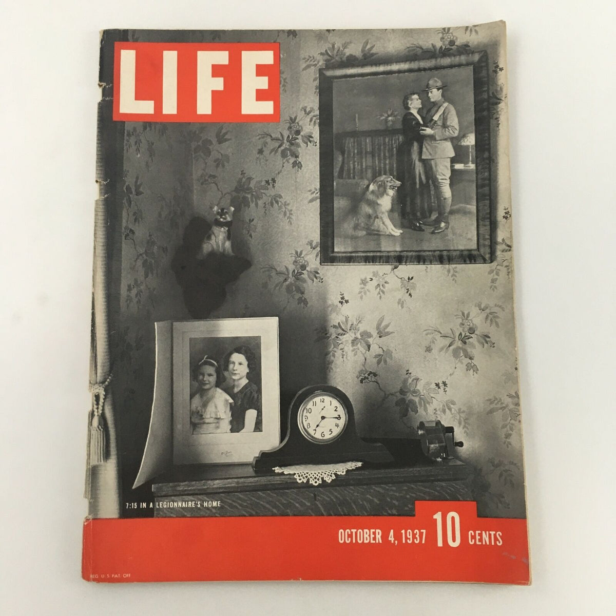 Front cover of VTG Life Magazine, October 4, 1937, showcasing a vintage interior scene with family photos, a clock, and decorative elements, highlighting the theme '7:15 in a Legionnaire's Home'.