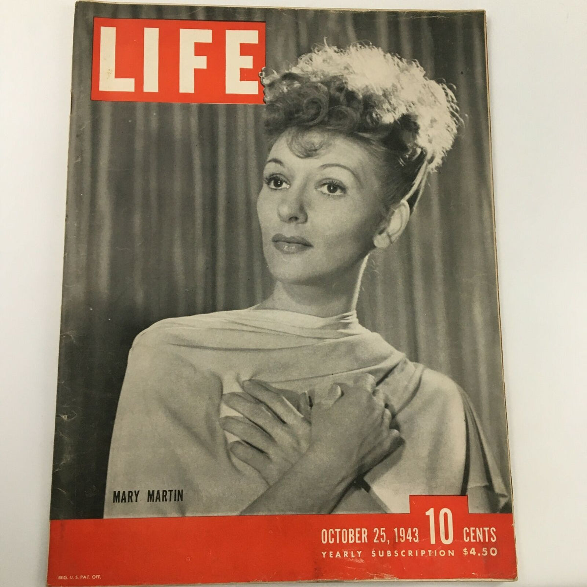 Vintage Life Magazine cover from October 25, 1943 featuring Mary Martin, showcasing mid-20th-century America with a striking photograph and iconic design.