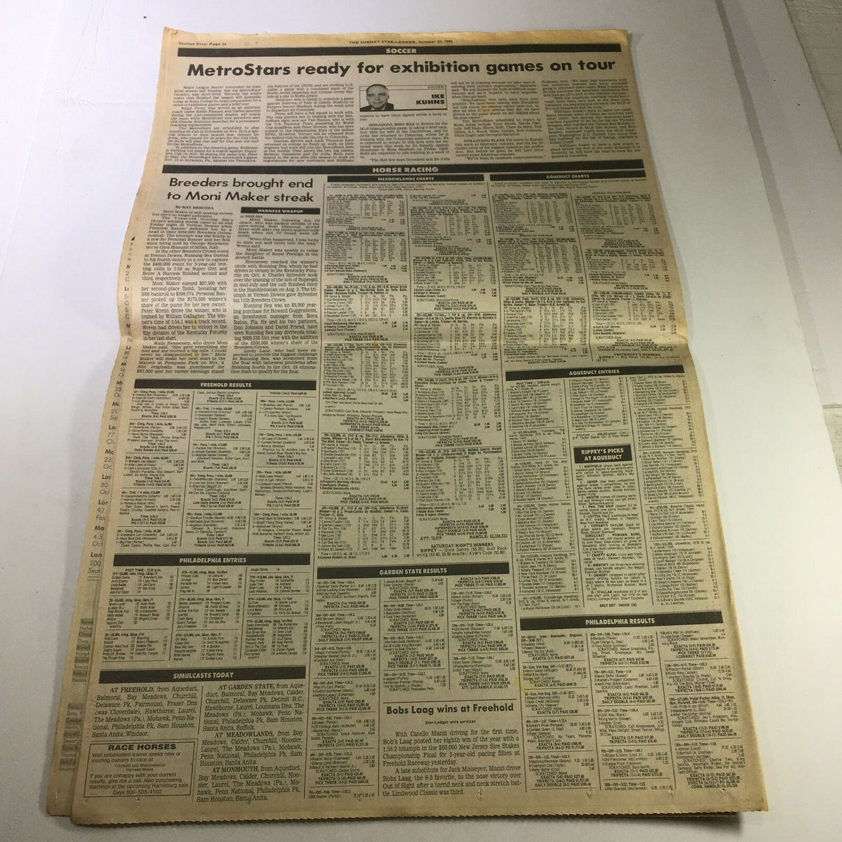VTG The Star-Ledger Newspaper from October 27, 1996 featuring Yankees' MVP John Wetteland, showcasing sports scores and news columns.