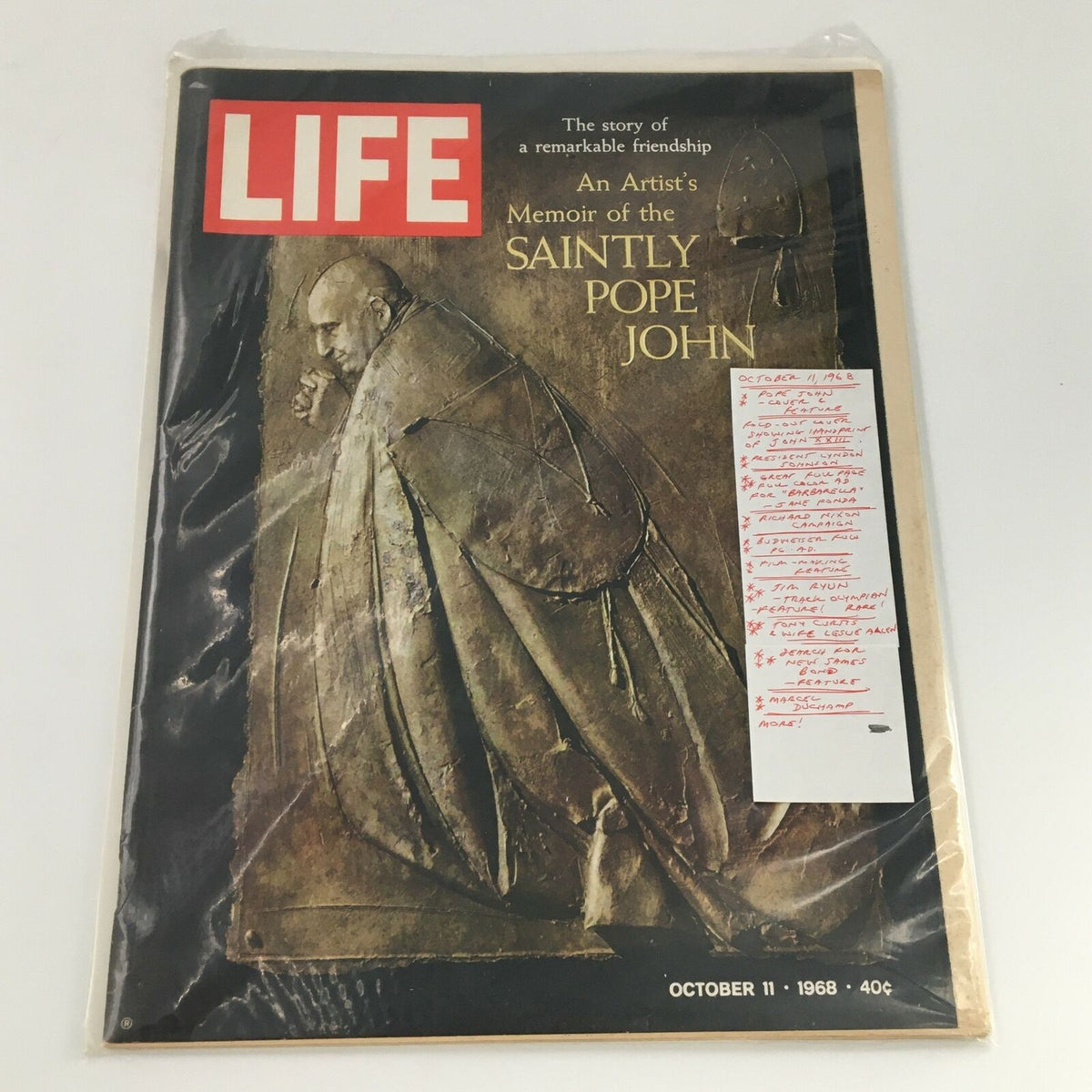 VTG Life Magazine October 11 1968 featuring Saintly Pope John on the cover with a textured background and plastic protection.