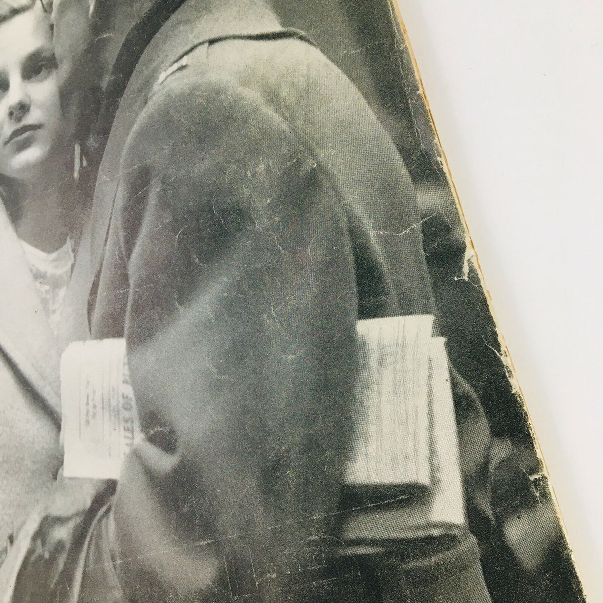 Detailed view of the cover of VTG Life Magazine April 19 1943 A Soldier Bids Farewell To His Lover showcasing a soldier and a woman with a book visible.