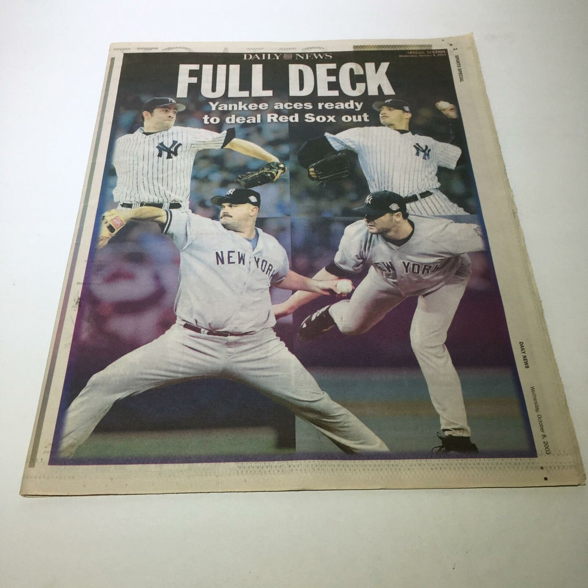 Sports Special Daily News headline featuring Yankees players with the title 'FULL DECK Yankee aces ready to deal Red Sox out' from October 8, 2003.