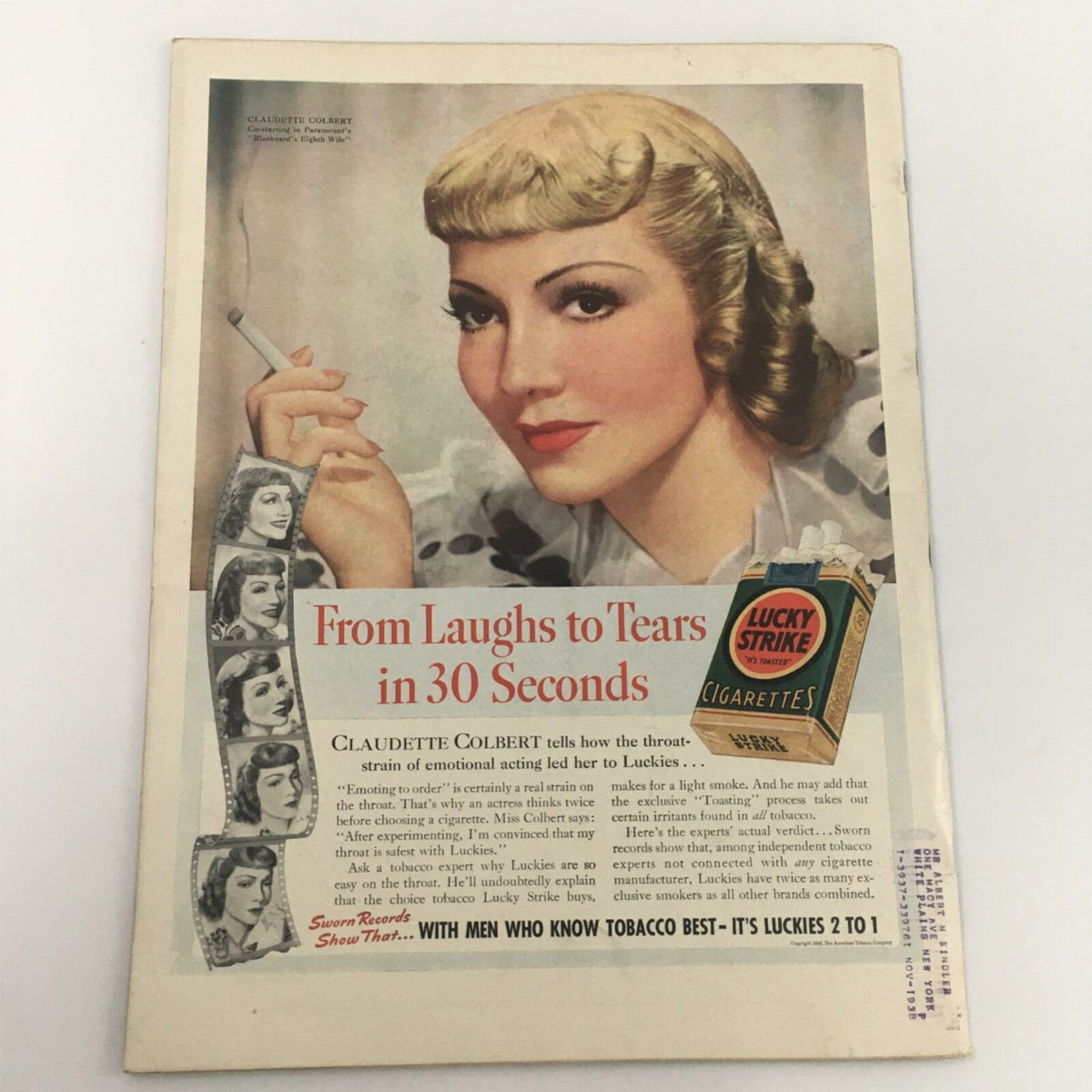 Interior advertisement from VTG Life Magazine May 7, 1938, showcasing Claudette Colbert promoting Lucky Strike cigarettes, with a striking portrait and vintage design.
