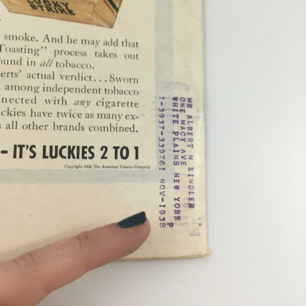 Back cover of VTG Life Magazine May 7, 1938, displaying a cigarette advertisement for Lucky Strike, featuring details on the brand and a vintage design aesthetic.