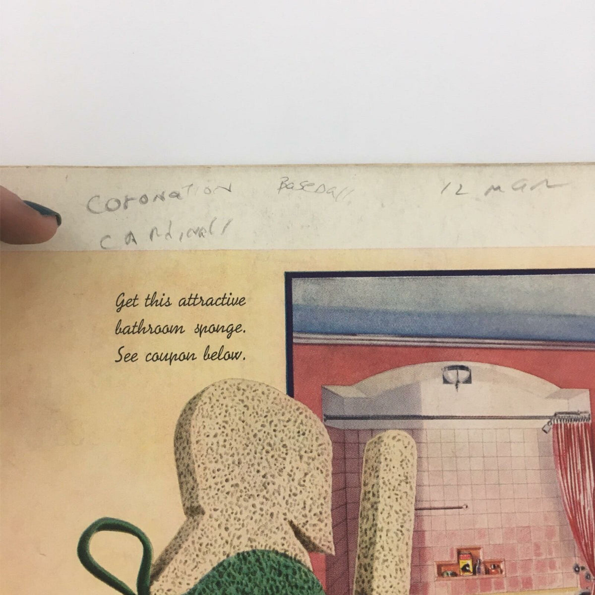 Interior page of VTG Life Magazine April 5, 1937 showing handwritten notes and an advertisement for a bathroom sponge, reflecting the historical context of the magazine.