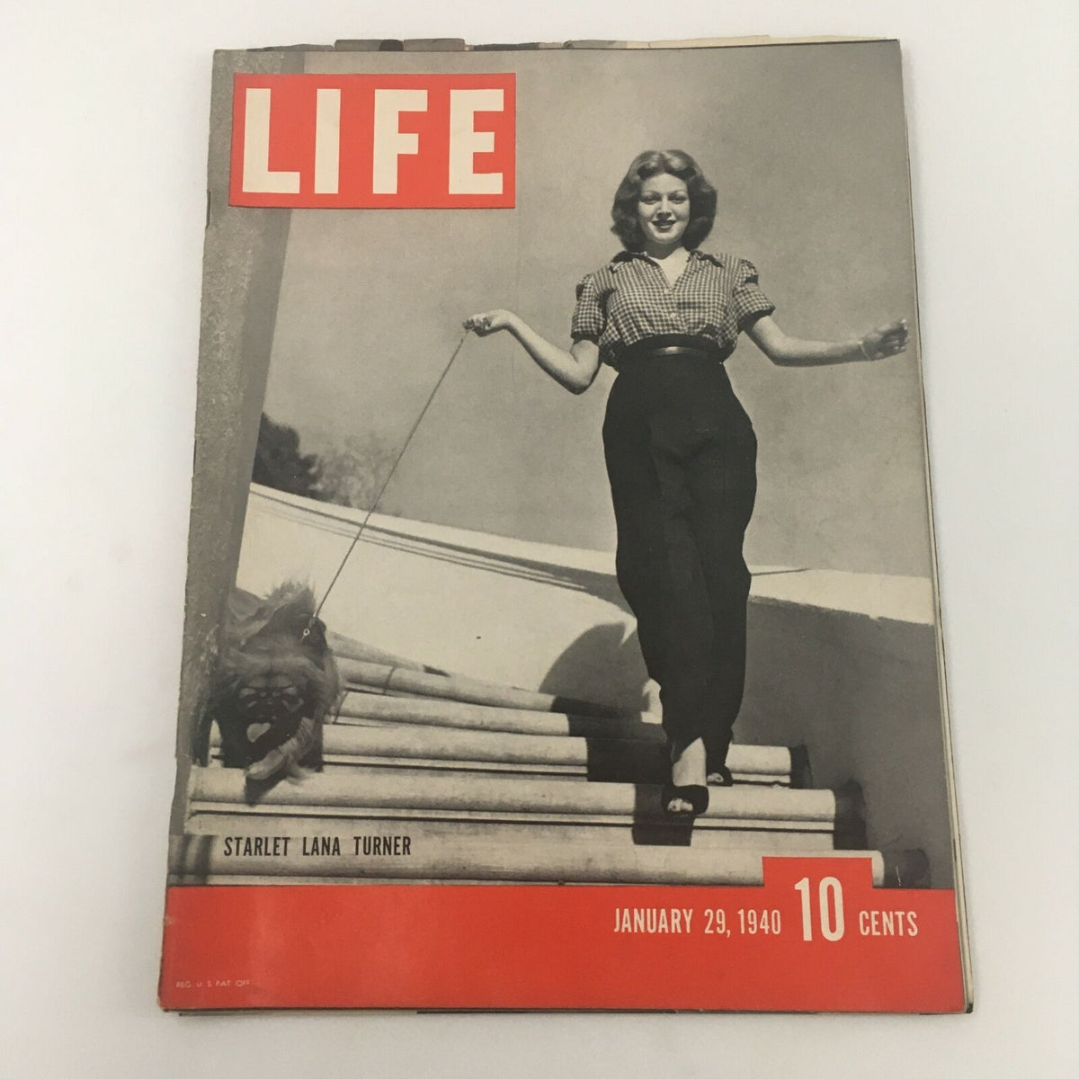 VTG Life Magazine January 29 1940 featuring Lana Turner on the cover, showcasing her beauty and vintage fashion while walking her dog on the stairs.