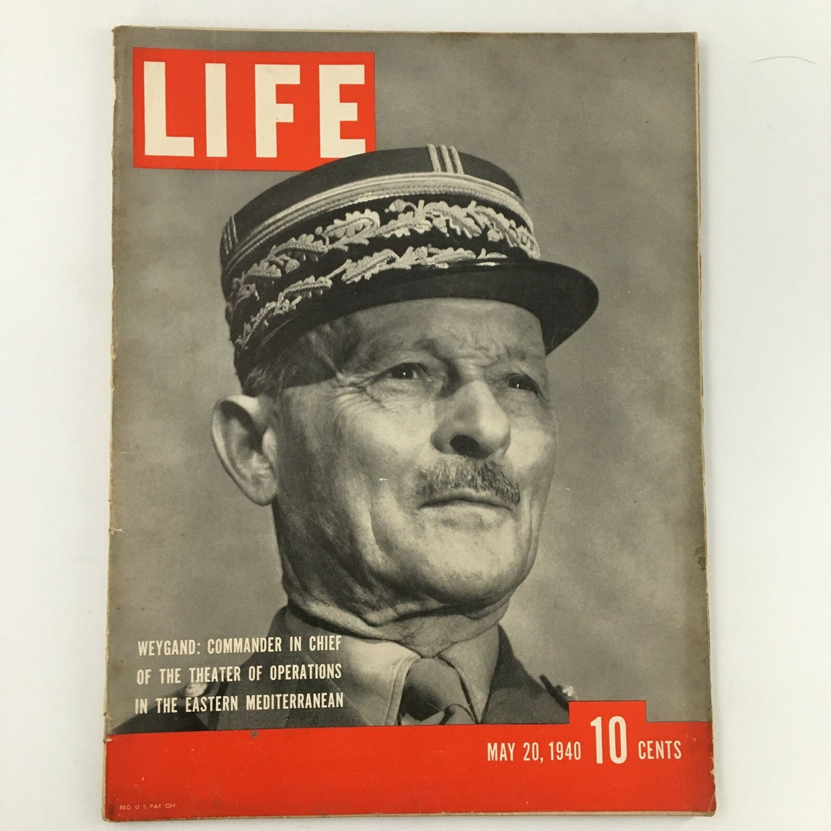 Cover of VTG Life Magazine from May 20, 1940 featuring General Maxime Weygand, showcasing a historic perspective on military leadership during World War II.