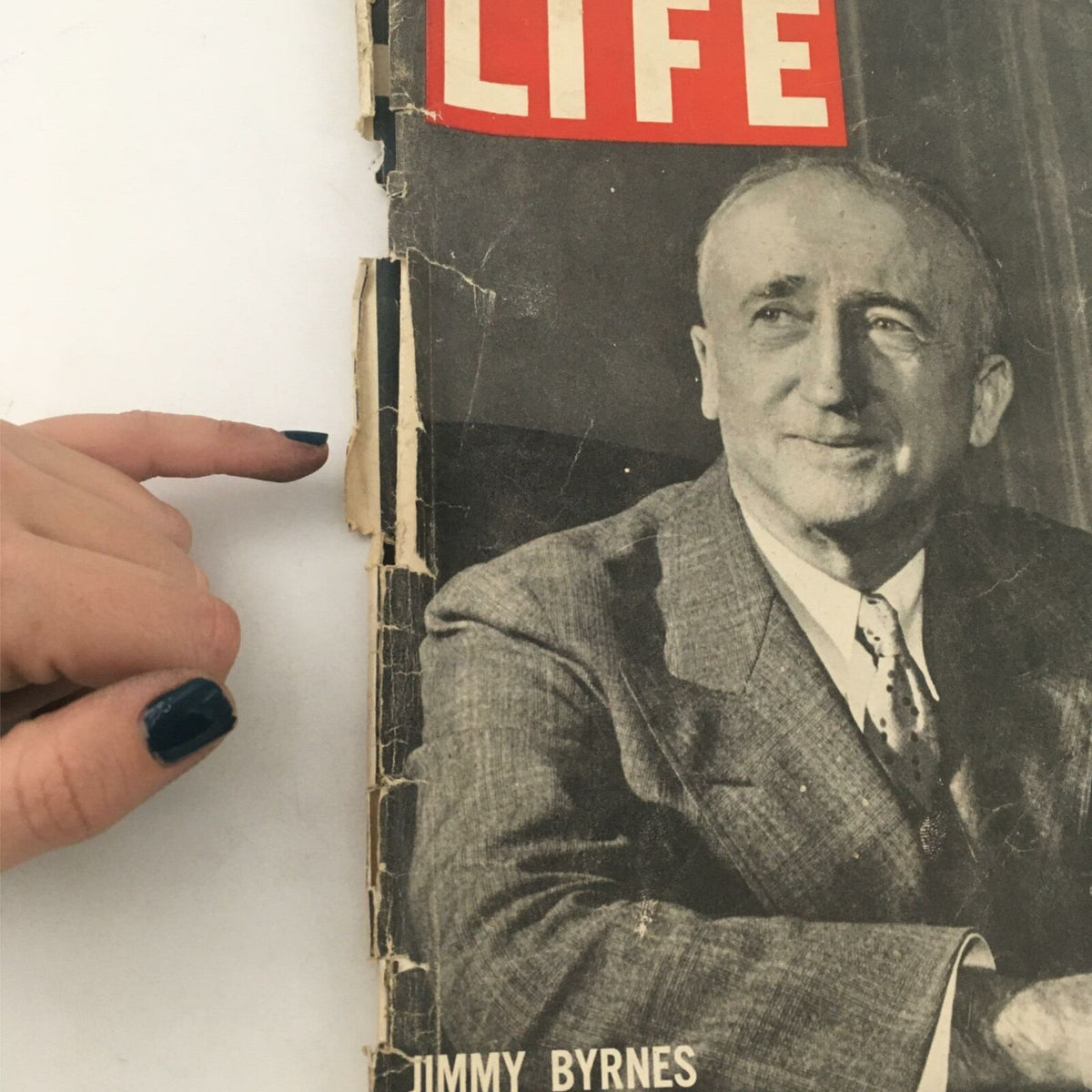 Side view of VTG Life Magazine January 4, 1943 with visible wear, focusing on Jimmy Byrnes and the magazine's age.