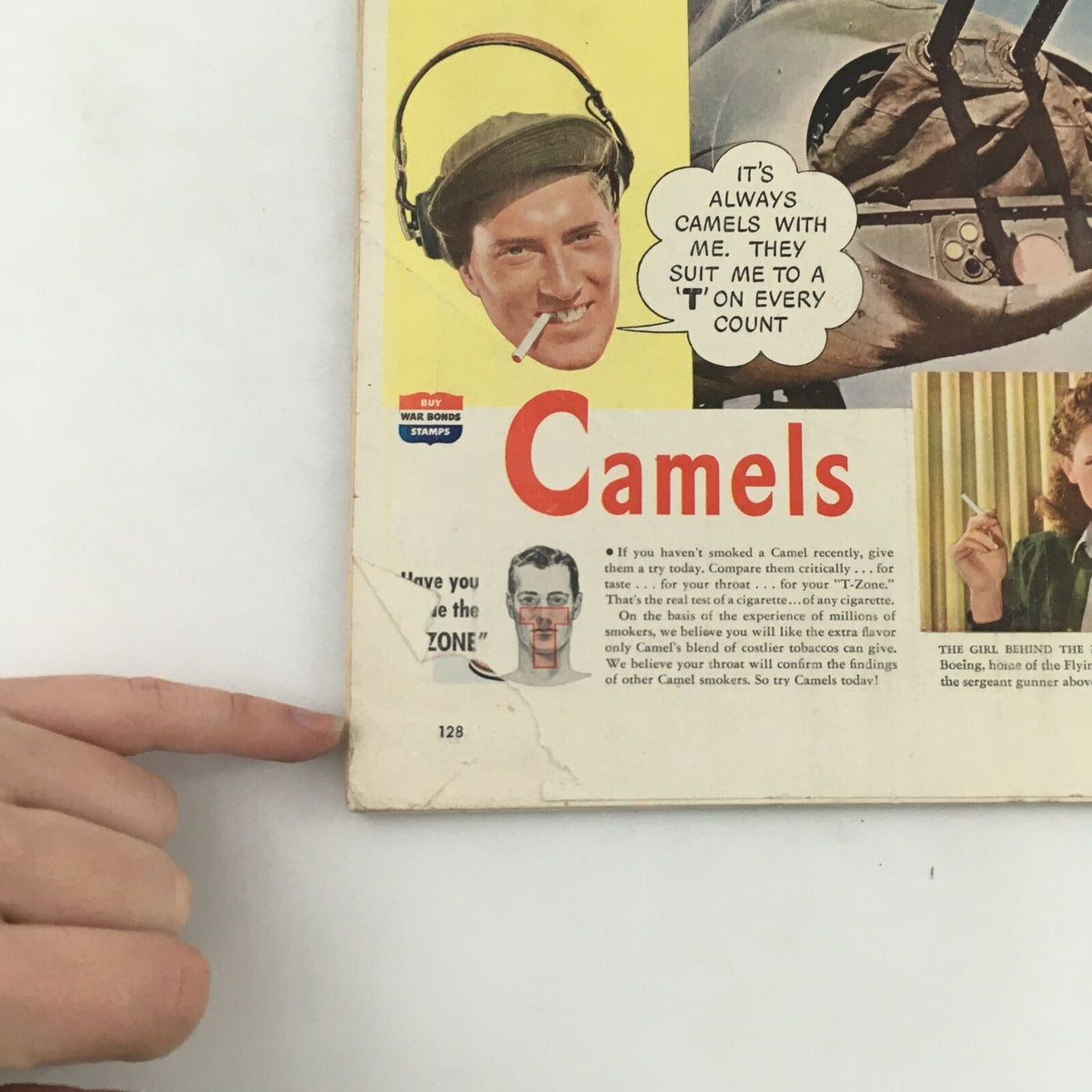Back cover of VTG Life Magazine December 27, 1943 including an advertisement for Camel cigarettes, showcasing a man in military attire and promoting war bond stamps.