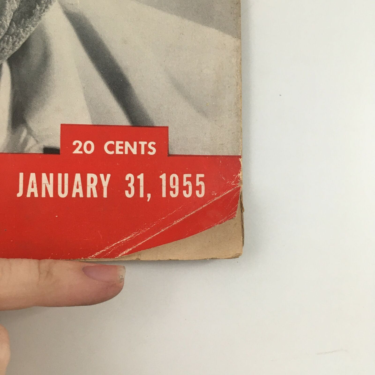 Close-up of the bottom corner of the VTG Life Magazine January 31 1955 indicating the price of 20 cents and the publication date.