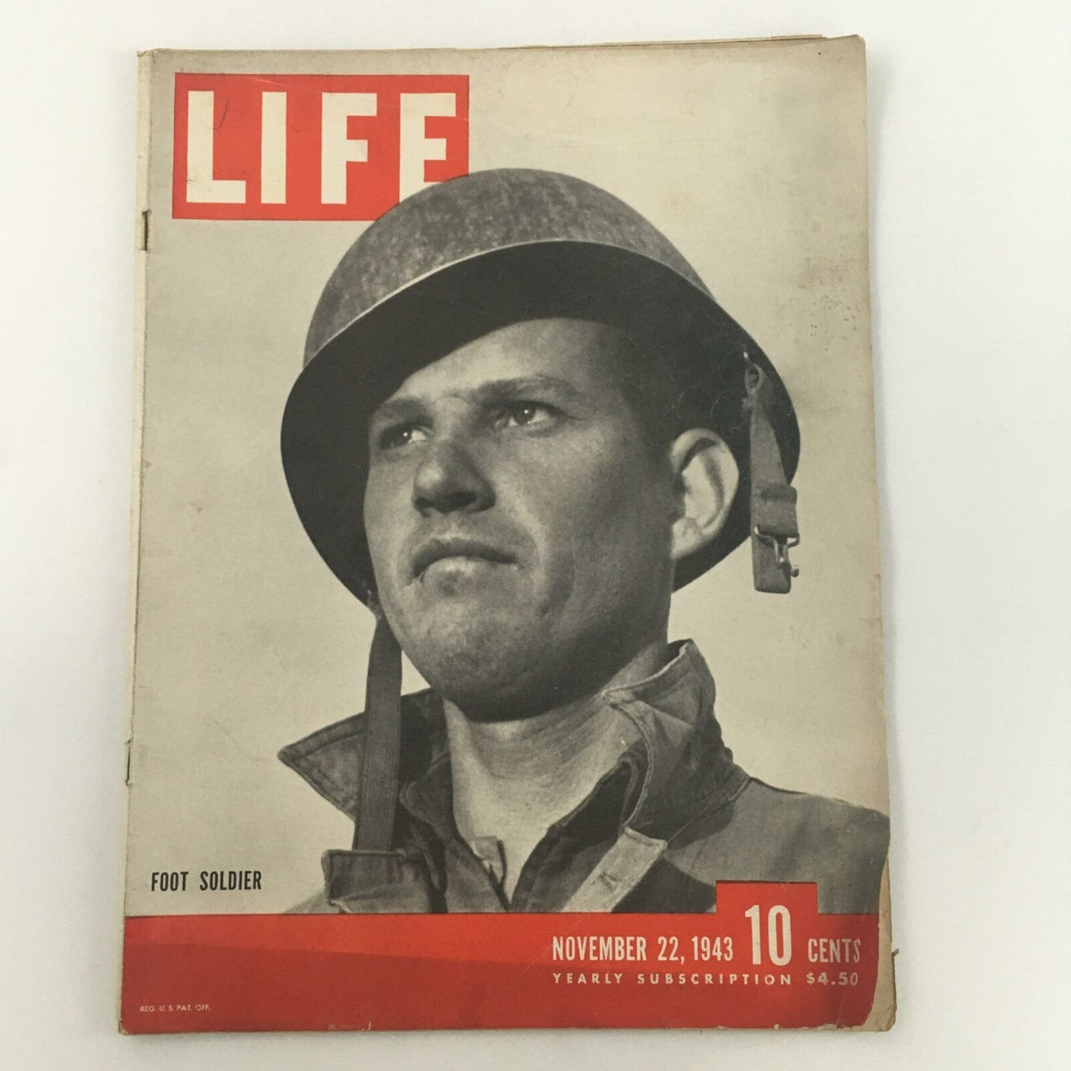 VTG Life Magazine November 22, 1943 featuring a foot soldier on the cover, showcasing a striking black and white portrait with prominent 'LIFE' title in red.