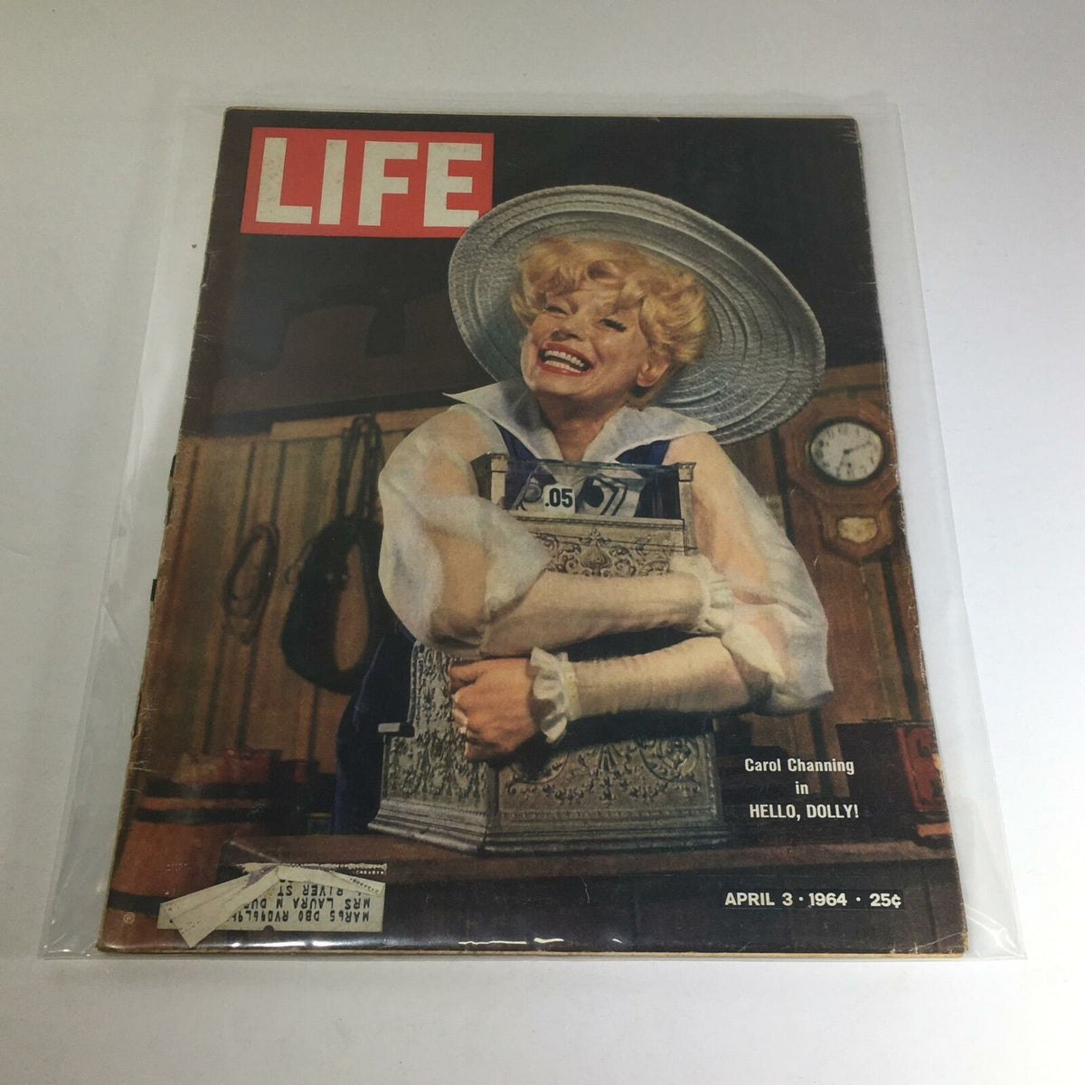 VTG Life Magazine Cover from April 3, 1964 featuring Carol Channing in Hello, Dolly! with vibrant colors and vintage charm.