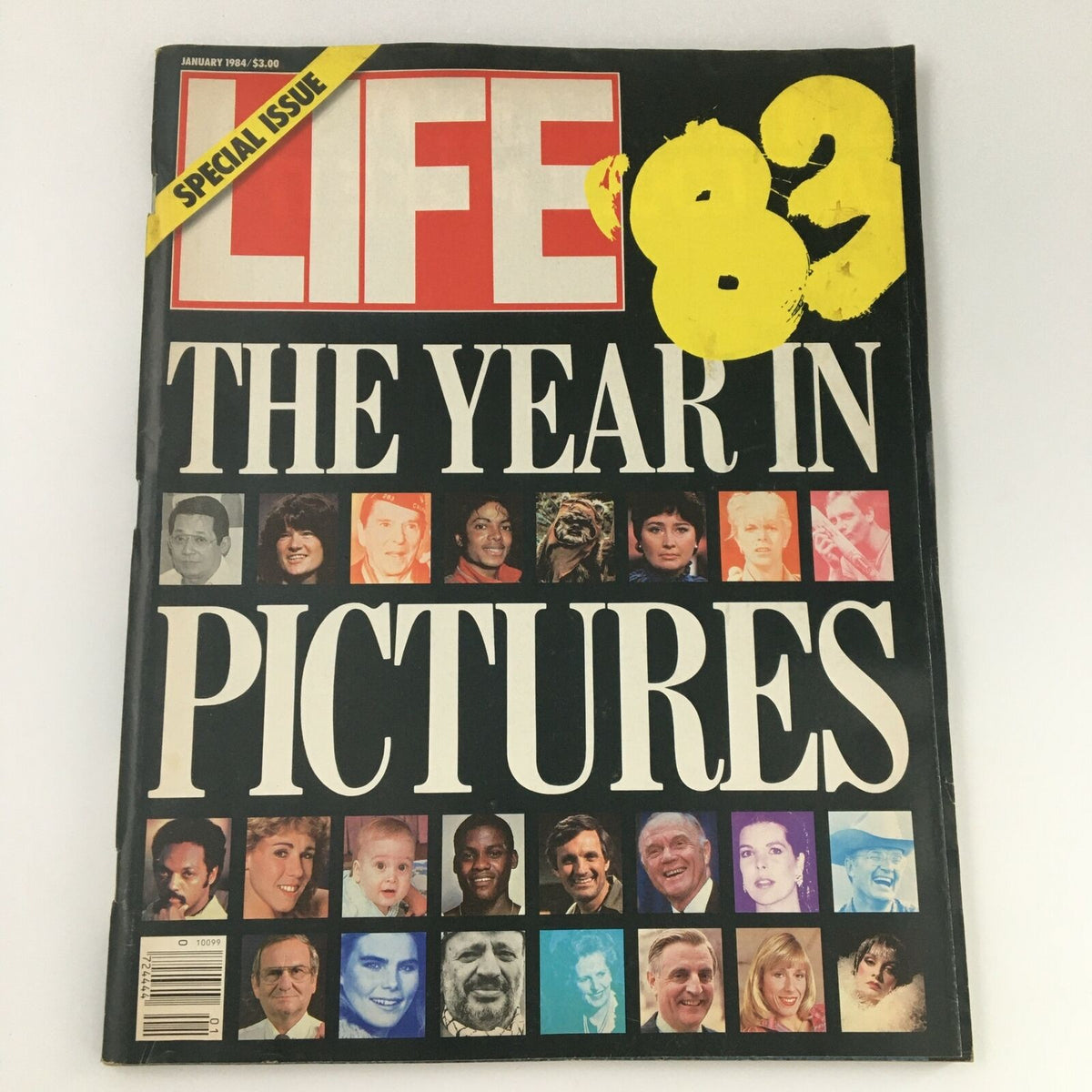 Cover of Life Magazine January 1984 featuring 'The Year In Pictures' from 1983, showcasing a collage of notable faces and events. This special issue captures significant moments in history and pop culture.
