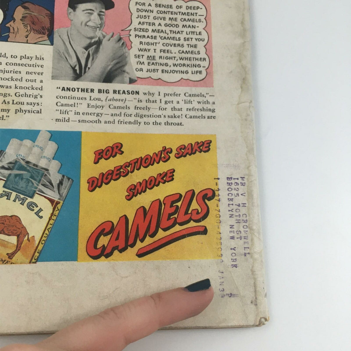 Close-up of the back cover of VTG Life Magazine, April 26, 1937, featuring a Camel cigarette advertisement and a handwritten address, reflecting the magazine's vintage authenticity.