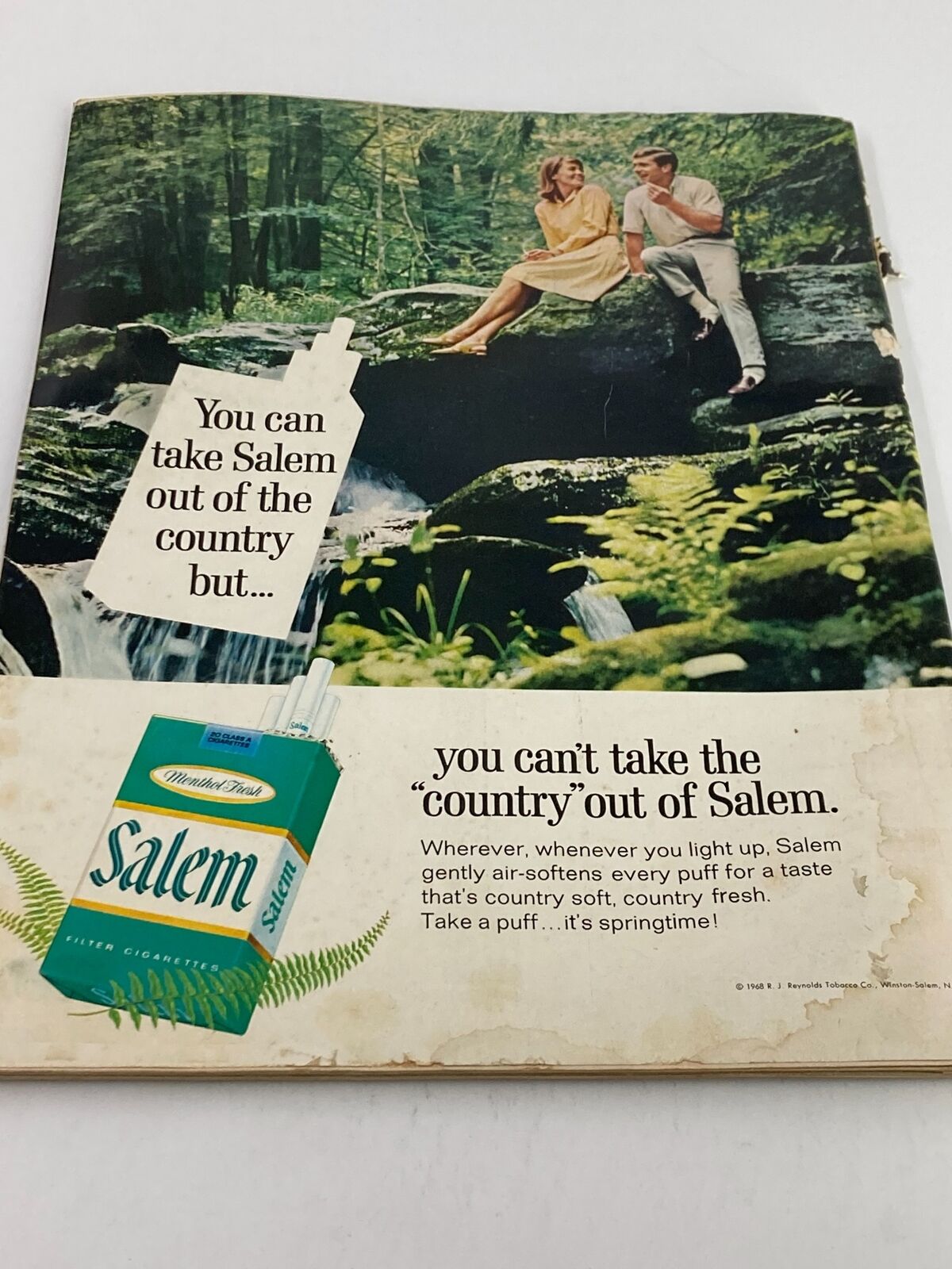 Vintage Life Magazine April 12 1968 cover featuring an advertisement for Salem cigarettes with a couple sitting by a stream in a forest.