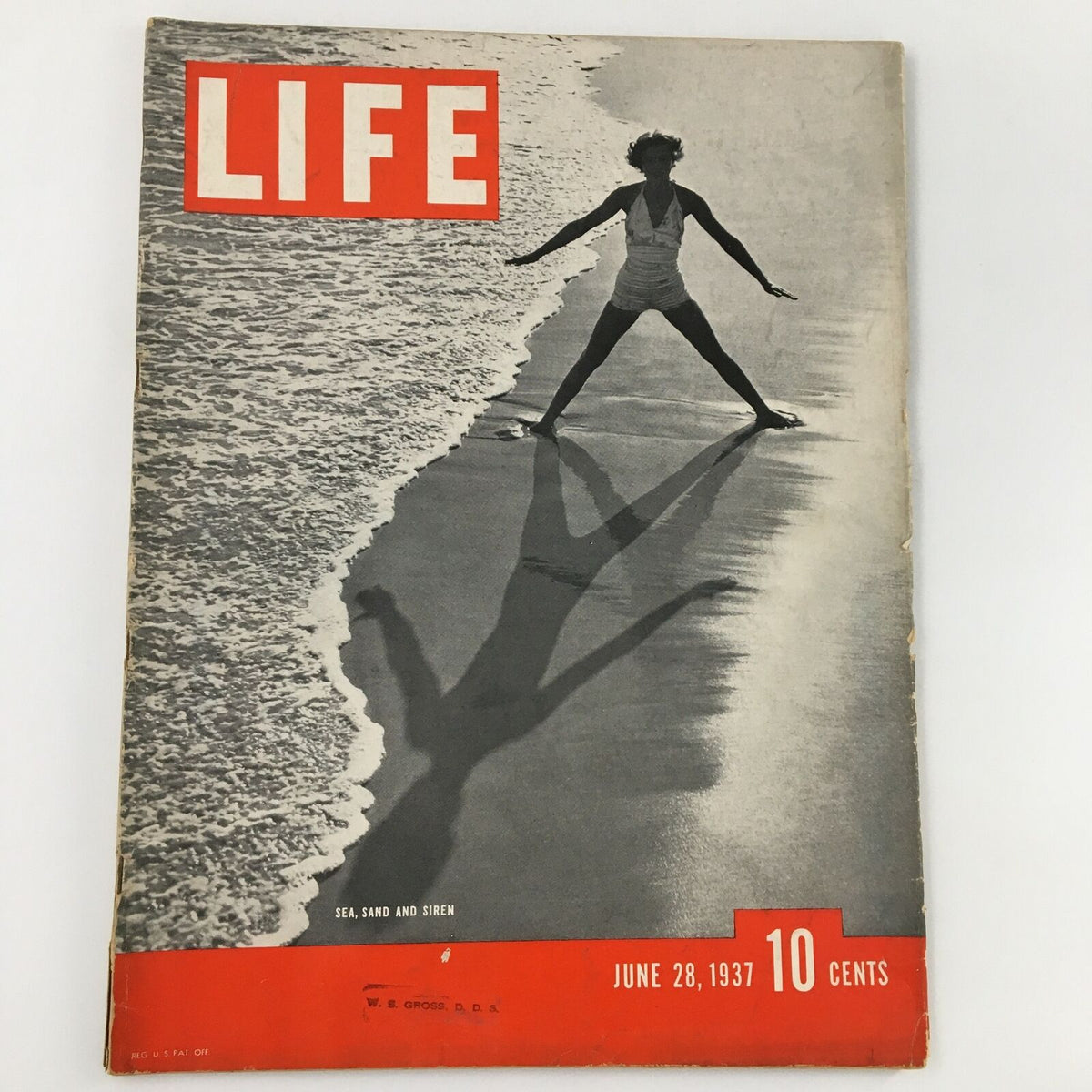 VTG Life Magazine June 28 1937 cover featuring a woman on the beach, with the tagline 'Sea, Sand and Siren' showcasing vintage design.