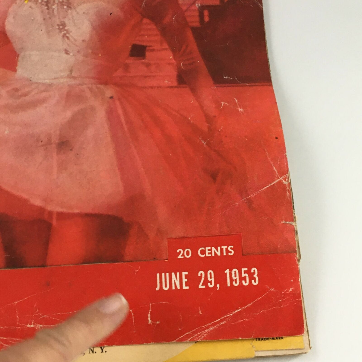 Close-up of the date on VTG Life Magazine June 29 1953, with details on pricing and date for collectors.