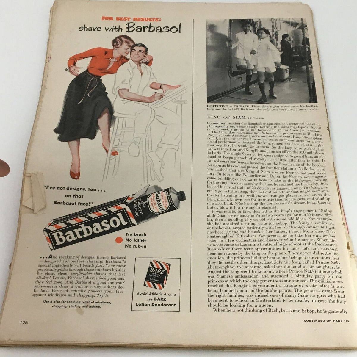 Interior page of VTG Life Magazine June 29 1953 featuring an advertisement for Barbasol and an article continuation on King of Siam.