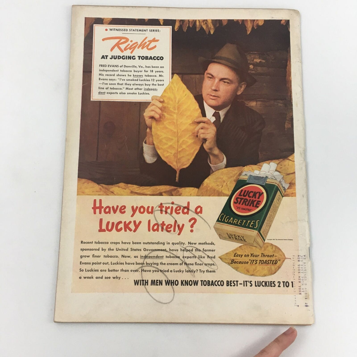 Back cover of VTG Life Magazine February 6 1939 Washington Peruke Feature showcasing an advertisement for Lucky Strike cigarettes with a man holding a tobacco leaf, reflecting mid-20th century advertising trends.