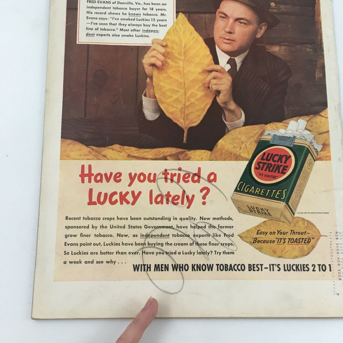 Interior advertisement from the VTG Life Magazine February 6, 1939 featuring a gentleman holding a large tobacco leaf, promoting Lucky Strike cigarettes. The ad reads 'Have you tried a LUCKY lately?' showcasing vintage marketing style.