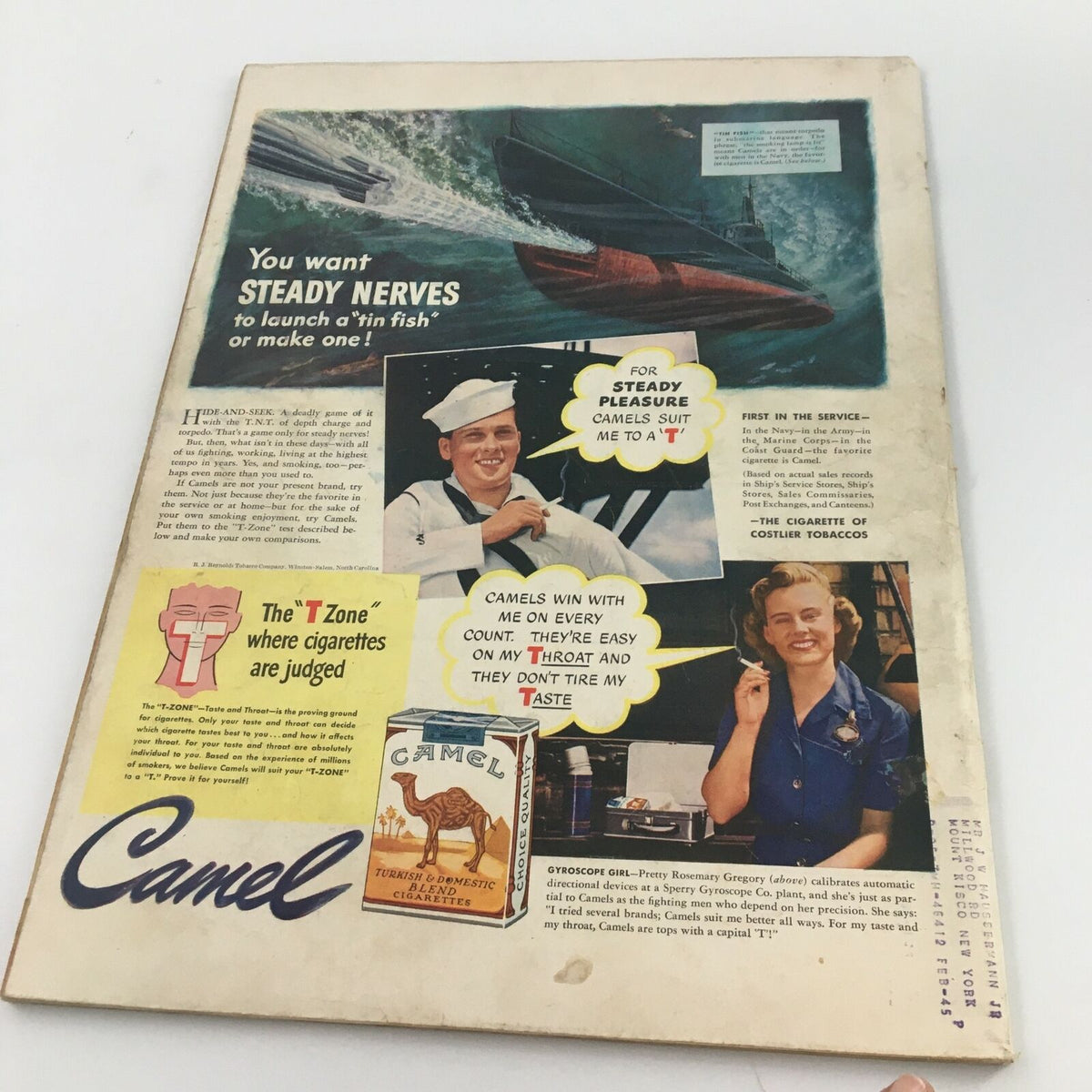 Back cover of VTG Life Magazine October 5, 1942, featuring a vintage Camel cigarette advertisement with imagery of a sailor and promotional text.
