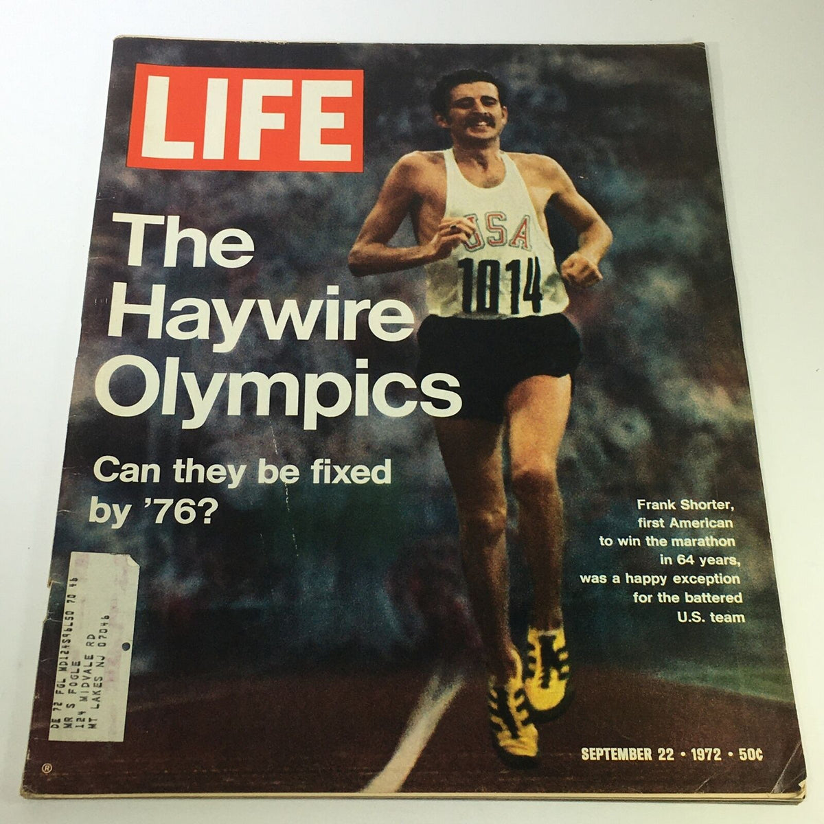 Cover of VTG Life Magazine September 22 1972 featuring the theme 'The Haywire Olympics' with an athlete running, highlighting Frank Shorter, the first American to win the marathon in 64 years. The image includes the magazine's title and date.