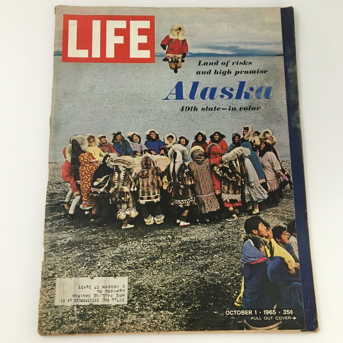 VTG Life Magazine October 1 1965 featuring the cover story 'Land of Risk, Alaska 49th State'. The cover shows a group of individuals dressed in traditional Alaskan attire, symbolizing the cultural heritage of Alaska.
