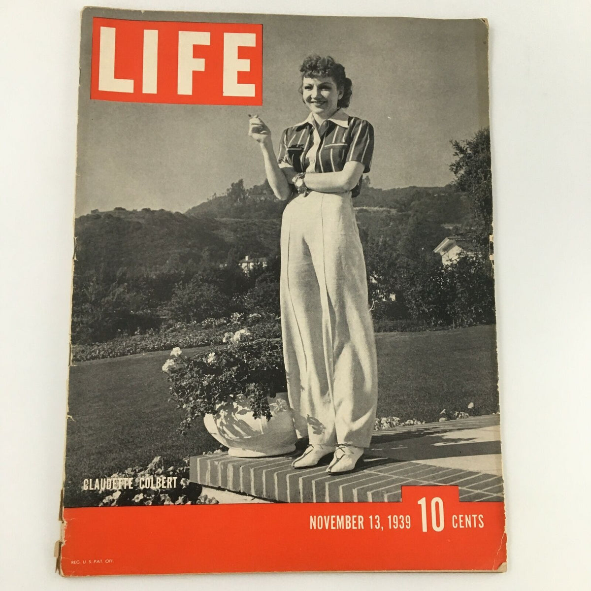 Cover of VTG Life Magazine from November 13, 1939 featuring French actress Claudette Colbert in Argentina, showcasing her enjoying the outdoors with a vintage aesthetic.