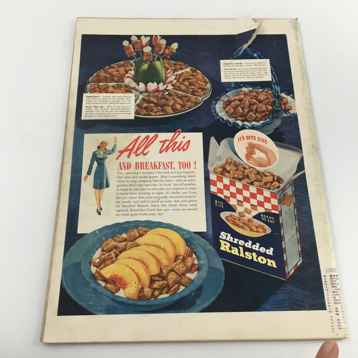 Vintage Life Magazine cover from August 24, 1942, featuring Johnny Jeep Hats and Shredded Ralston advertisement, showcasing colorful breakfast scenes and a woman serving food.