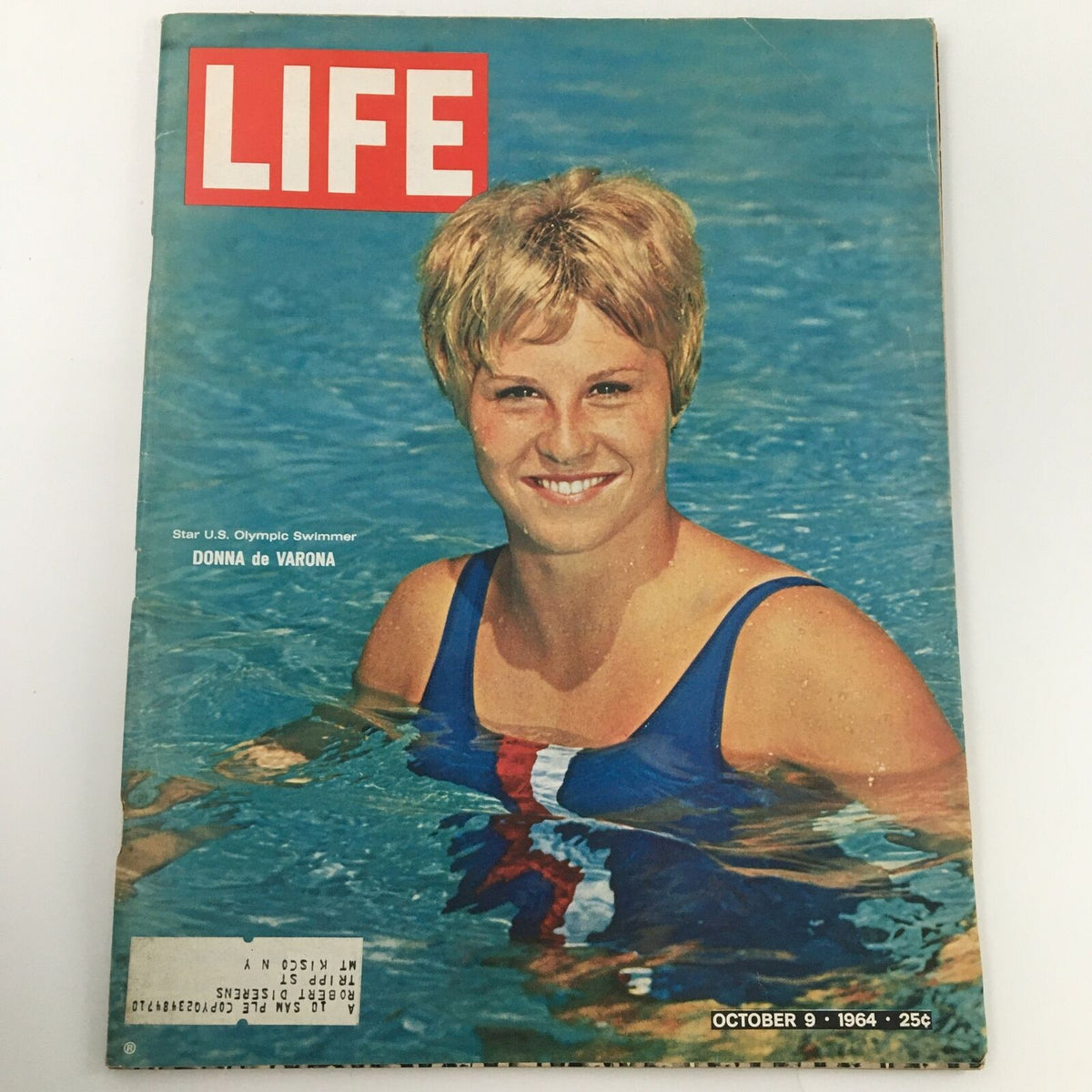 Vintage Life Magazine cover from October 9, 1964 featuring Donna de Varona, star U.S. Olympic swimmer. The magazine displays de Varona smiling in a swimsuit, immersed in water, embodying the spirit of 1960s sports history.