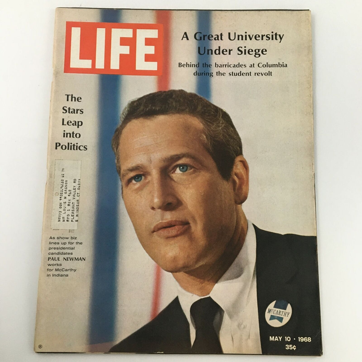 Cover of VTG Life Magazine from May 10, 1968 featuring a portrait of Paul Newman under the title 'A Great University Under Siege', discussing the intersection of politics and Hollywood.
