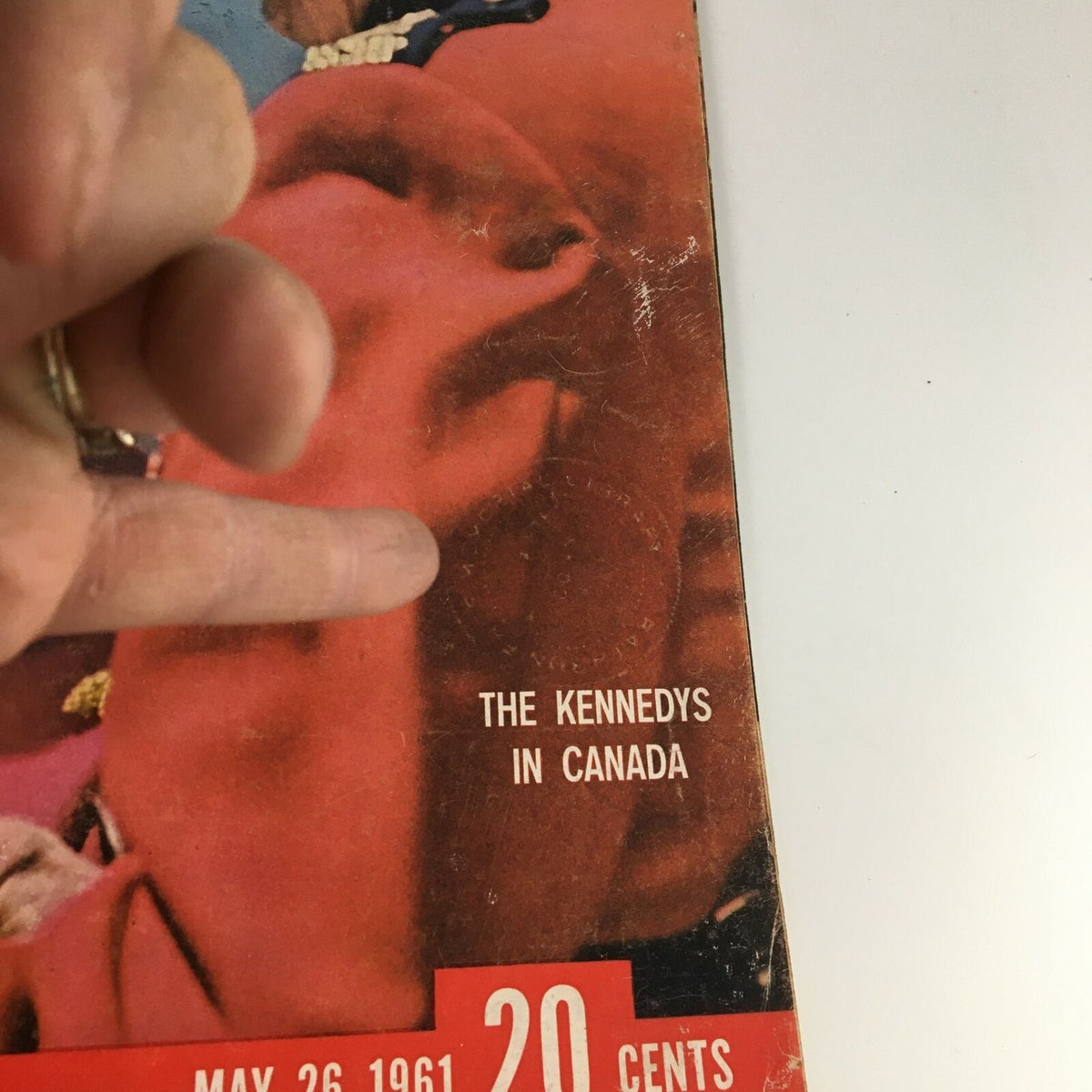 Close-up of the cover of VTG Life Magazine May 26, 1961, highlighting the text 'The Kennedys in Canada' alongside the image of Jacqueline Kennedy, showcasing this historical publication.