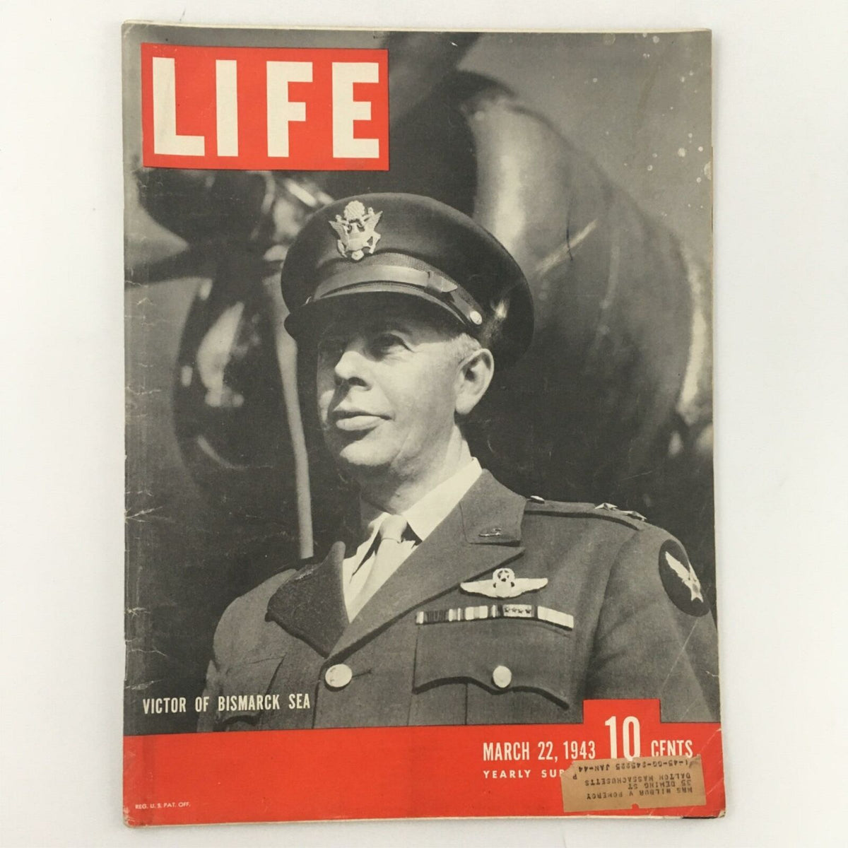 VTG Life Magazine March 22, 1943 featuring the Victor of Bismarck Sea and George C. Kenney on the cover, showcasing military history and vintage World War II memorabilia.