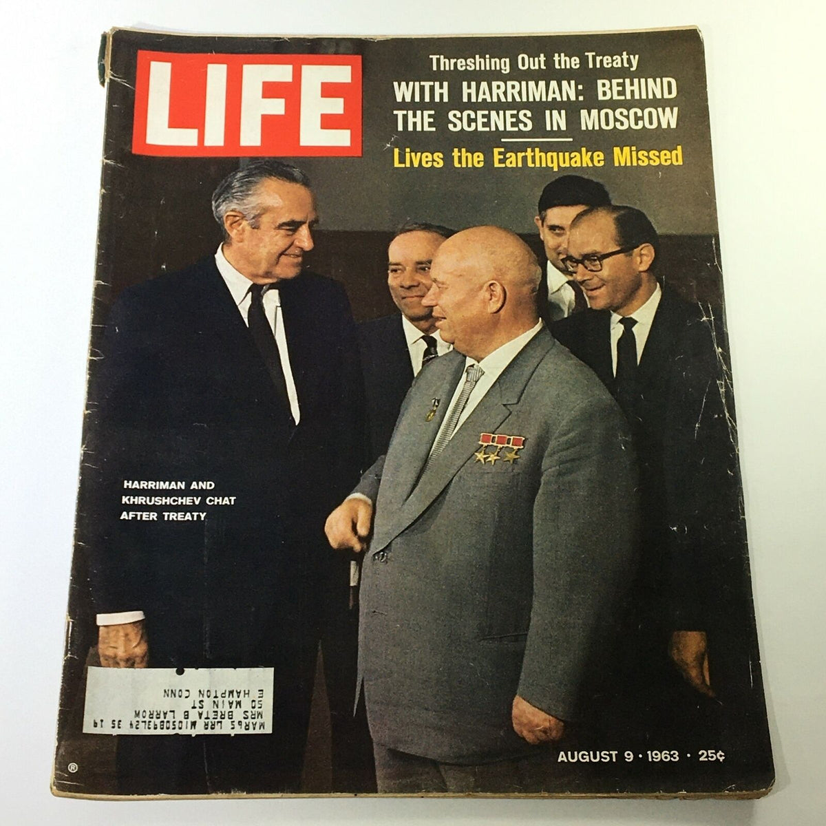 Cover of VTG Life Magazine August 9 1963 featuring W. Averell Harriman and Nikita Khrushchev, highlighting important historical figures from the Cold War era.