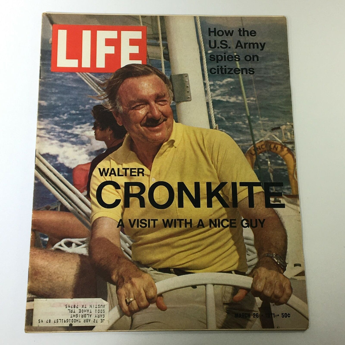 VTG Life Magazine March 26 1971 featuring broadcaster Walter Cronkite on the cover, showcasing a photo of him smiling in a yellow shirt while sailing, alongside a blurred figure in the background.