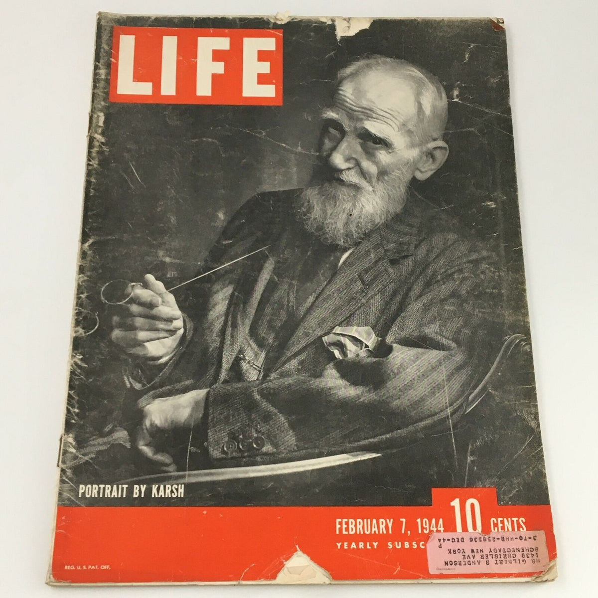 VTG Life Magazine February 7 1944 A Portrait by Karsh showcasing an iconic portrait with the magazine's name prominently displayed in bold red letters.