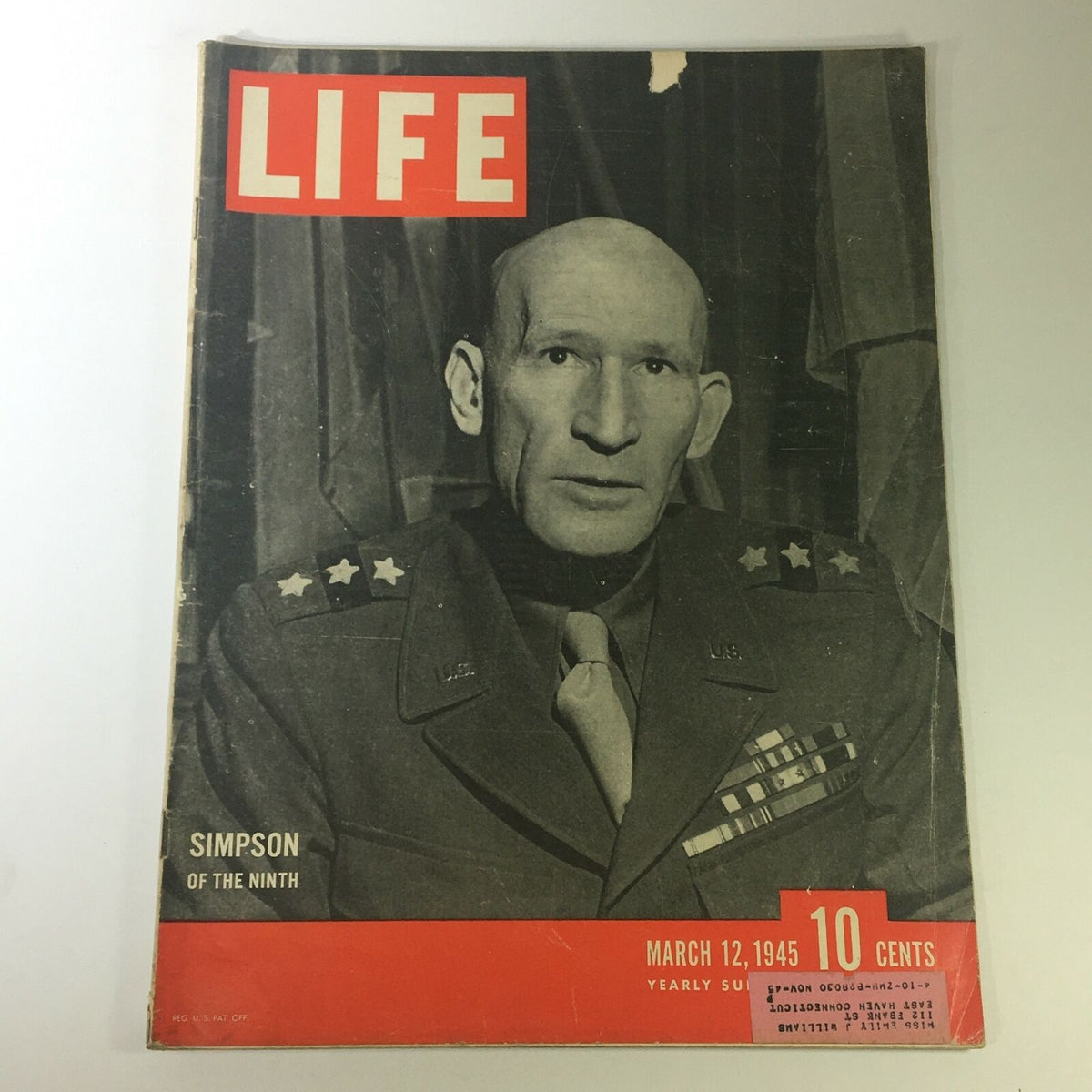 Cover of VTG Life Magazine March 12 1945 featuring General William Hood Simpson, showcasing historical significance from World War II.