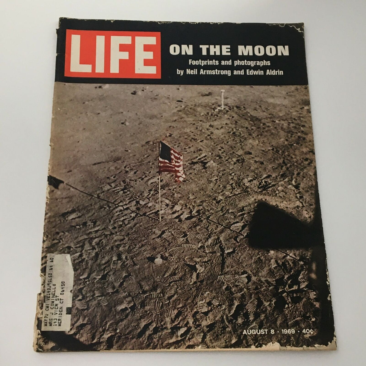 Cover image of VTG Life Magazine from August 8, 1969 featuring the title 'LIFE ON THE MOON' with a photograph of the moon's surface and an American flag, showcasing iconic photography by Neil Armstrong and Edwin Aldrin.