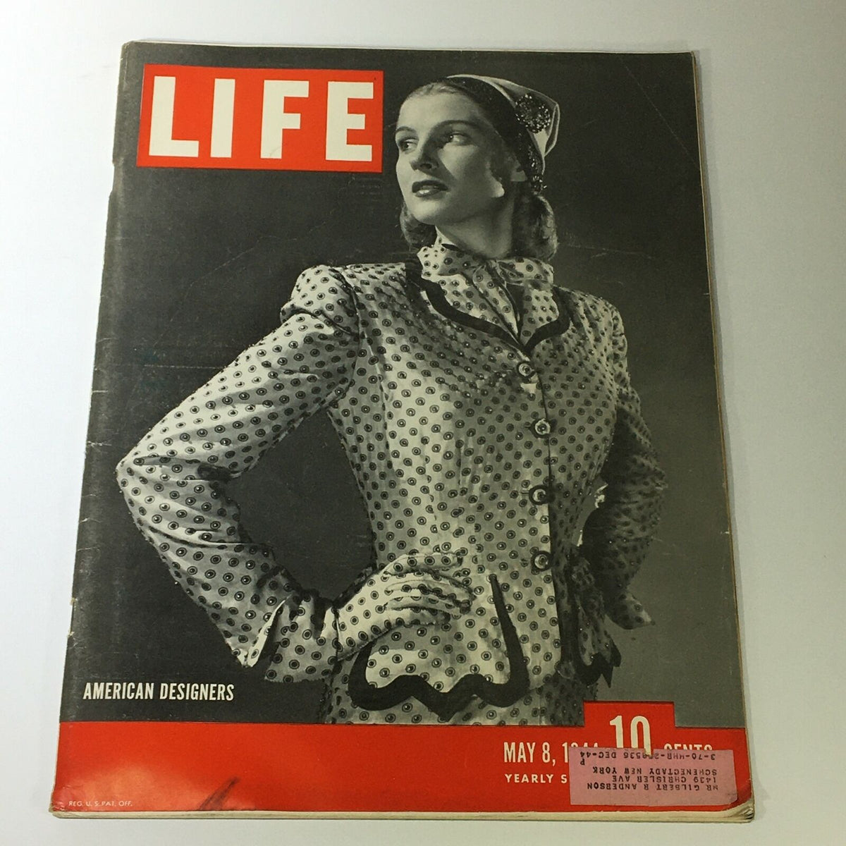 Vintage Life Magazine cover from May 8, 1944 featuring American Designers and iconic imagery of a glamorous woman in a fashionable polka dot outfit.