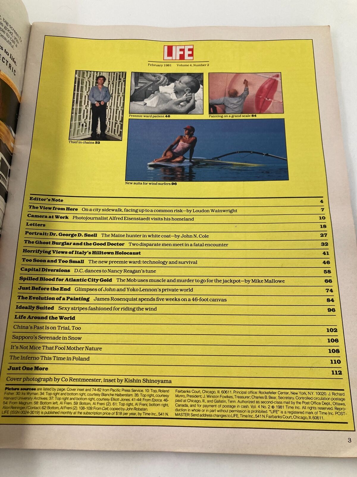 Interior page of VTG Life Magazine February 1981 showcasing the table of contents, featuring various articles including glimpses into John Lennon and Yoko Ono's private world.