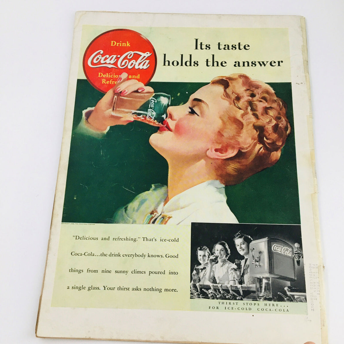 Vintage Coca-Cola advertisement featuring a woman enjoying a cold drink with the caption 'Its taste holds the answer' from the February 20, 1939 issue of Life Magazine.