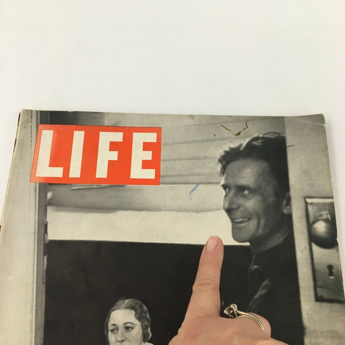 Close-up of the cover of VTG Life Magazine dated November 15, 1937, highlighting the magazine title 'LIFE' and an image of a smiling man.