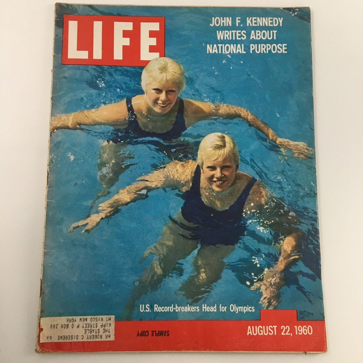 Cover of VTG Life Magazine, August 22, 1960 featuring U.S. Olympic swimmers and a highlight on John F. Kennedy, showcasing two female swimmers in a pool.