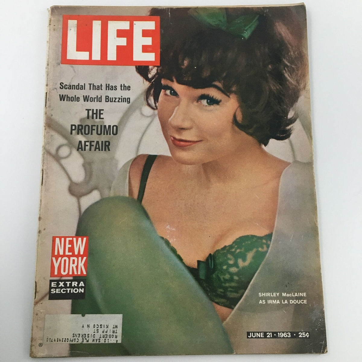 Vintage Life Magazine cover featuring American actress Shirley MacLaine, dated June 21, 1963, showcasing a colorful portrait of MacLaine as Irma La Douce with intriguing headlines about the Profumo Affair.
